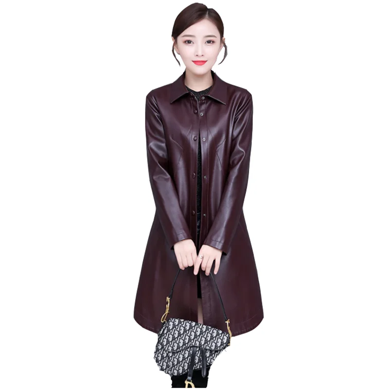 2022 Autumn Winter Women\'s Leather Jacket Fashion Slim Medium-Long Bomber Leather Coat Female Thin Leather Windbreaker Outerwear