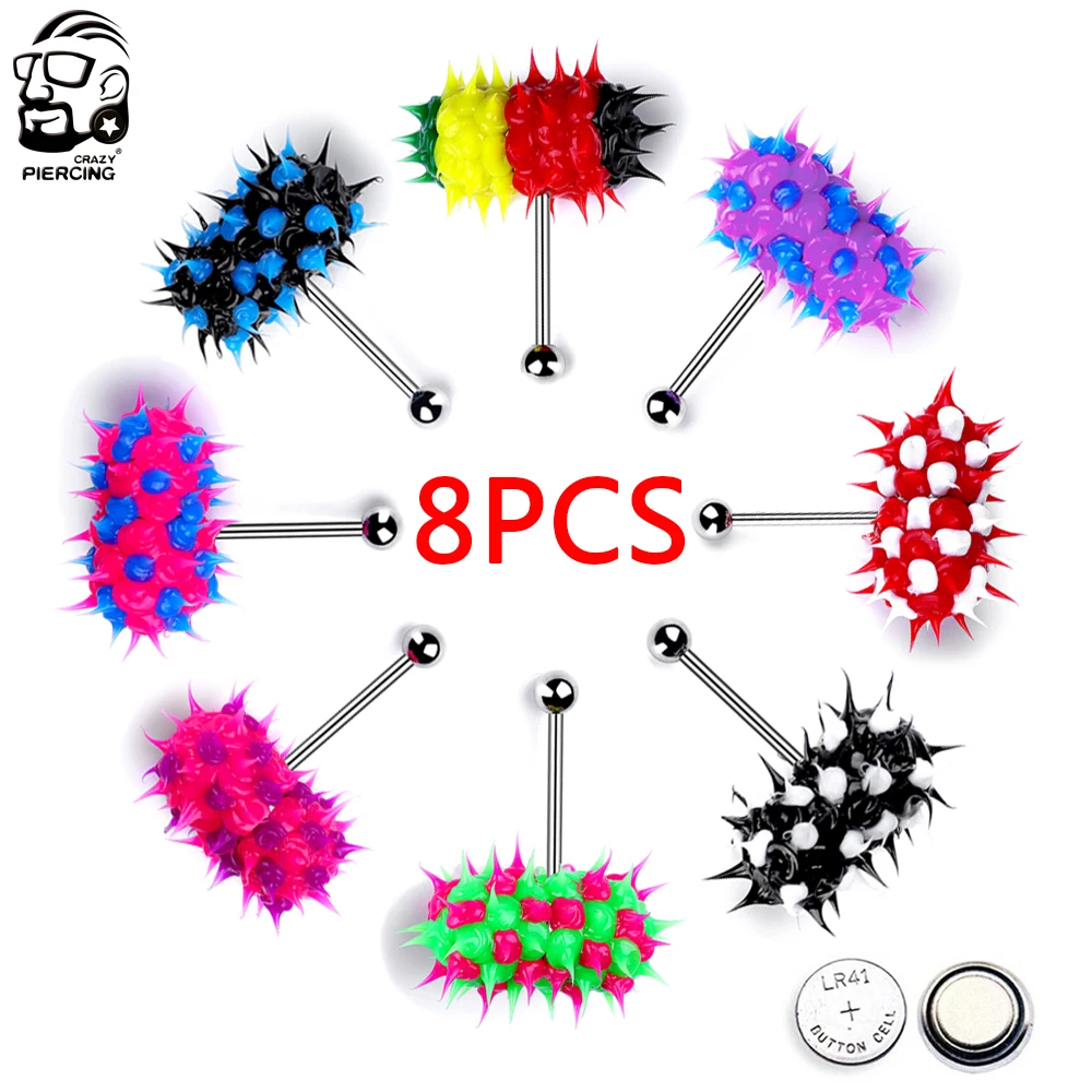 8pcs/lot Vibrating Tongue Rings Mixed Color Silicone Piercings Tongue With 2 Batteries Steel Bar Barbell Piercing Body Jewelry