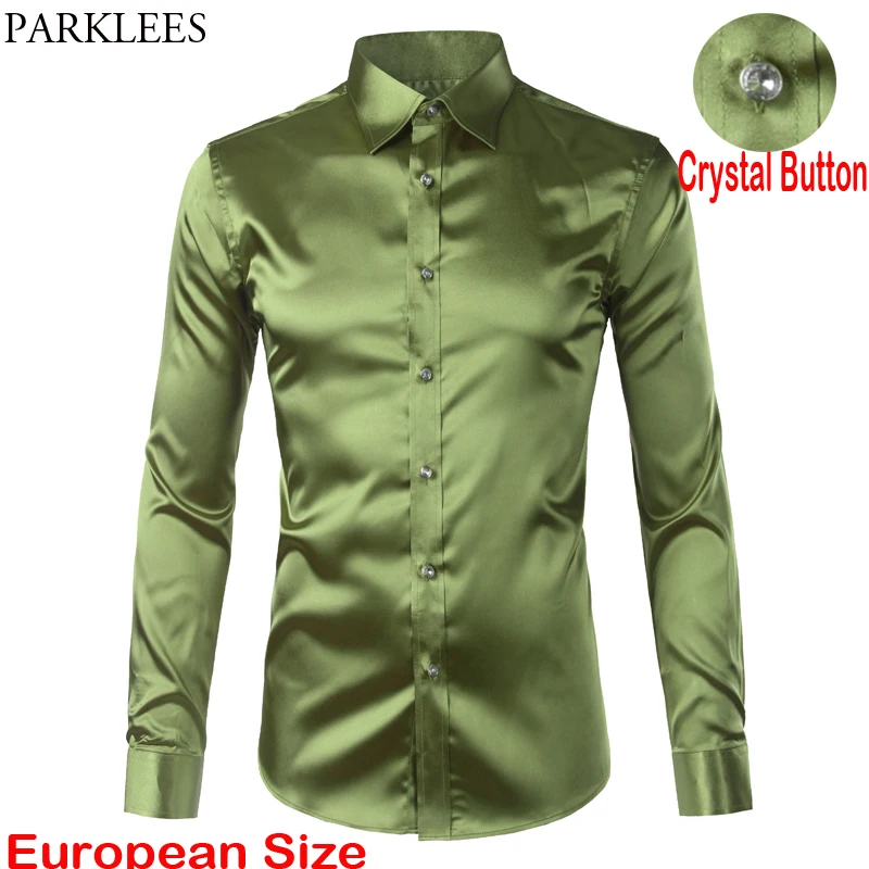 

Green Silk Satin Dress Shirt Men 2023 Luxury Brand New Casual Dance Party Long Sleeve Chemise Smooth Wrinkle Free Tuxedo Shirts