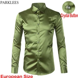 Green Silk Satin Dress Shirt Men 2023 Luxury Brand New Casual Dance Party Long Sleeve Chemise Smooth Wrinkle Free Tuxedo Shirts