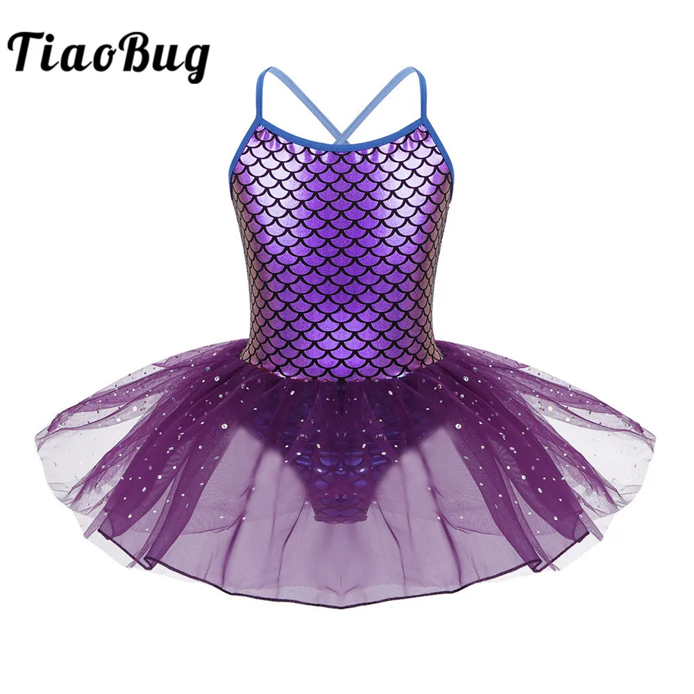 

TiaoBug Scales Pattern Sequined Mesh Girls Mermaid Costume Kids Dance Wear Spaghetti Straps Tutu Ballet Dress Gymnastics Leotard