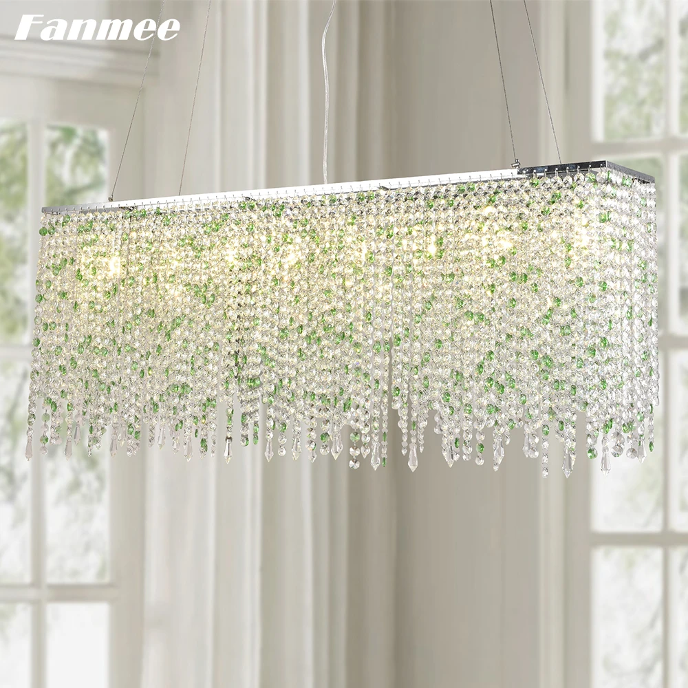 Modern Rectangular Crystal Chandelier Lighting LED Green Crystal Chain Pendant Chandelier Linear Crystal Island Lamp for Kitchen