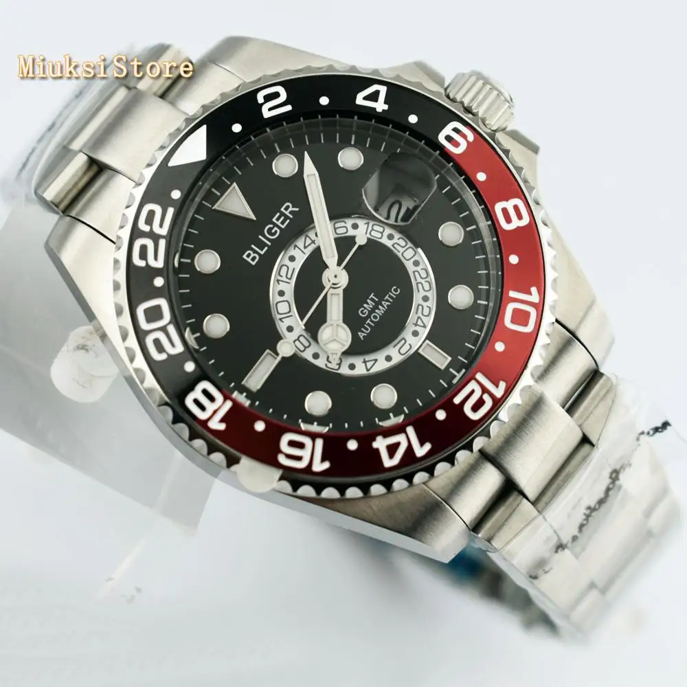 

Bliger 43mm Sapphire glass Luminous marks black dial Ceramic Bezel GMT automatic mens top mechanical watch