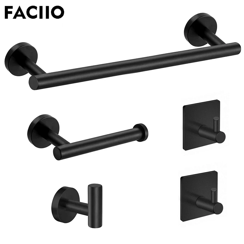 FACIIO  Bathroom Hardware Sets Towel Bar Black Toliet Paper Holder 304SUS Robe Hook Clothes Hanger Washroom Accessories 5pcs