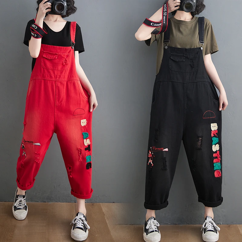 New Red Black Denim Overalls For Women Fashion Streetwear Jumpsuit Wide Leg Loose Baggy Bib Pants Ripped Combinaison Jeans Femme