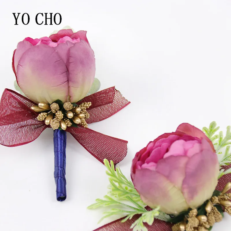 YO CHO 신랑 들러리를위한 웨딩 Boutonnieres 신부 들러리 손목 Corsage 남자 브로치 핀 실크 장미 꽃 팔찌 웨딩 Boutonniere