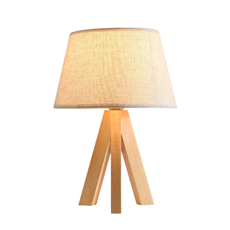 

Wooden Tripod Table Lamps Nordic Bedroom Bedside Lamp Study Room Fabric Lampshade Wood Table Light Deco Desk Lights Fixtures