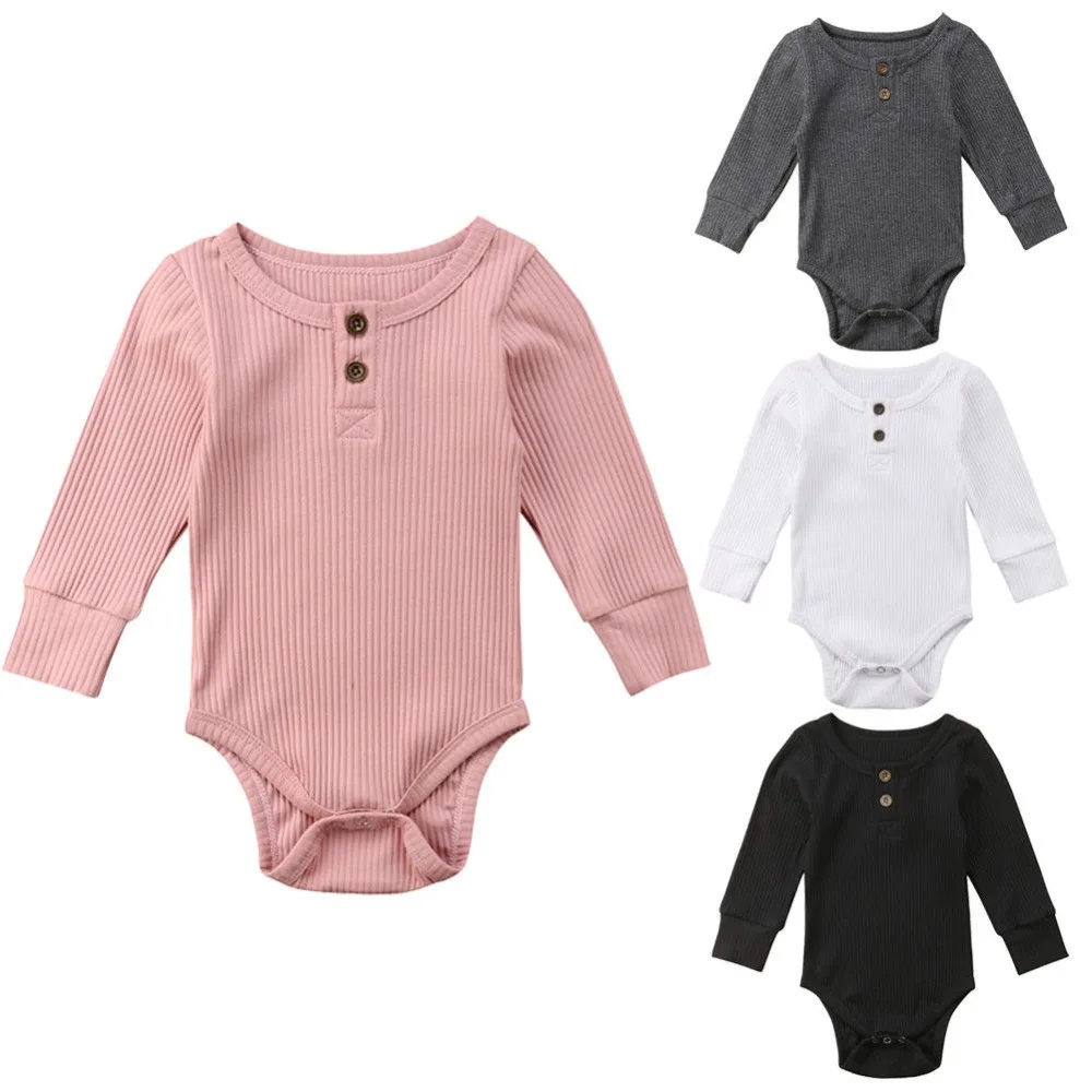 Newborn Infant Baby Girl Boy Ribbed Bodysuit Ruffle One-Pieces Solid Jumpsuit Long Sleeve Outfits Spring Sunsuit 0-24M