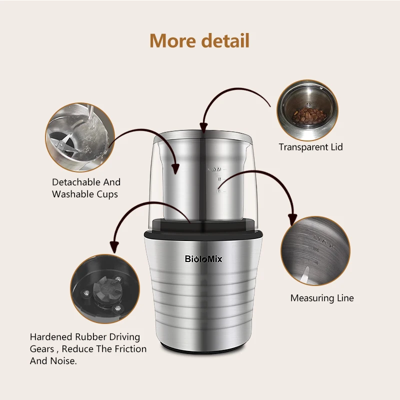 Multipurpose Electric Coffee Bean Grinder with 2 Removable Dry and Wet Cups Stainless Steel Miller for Seeds Spices Herbs Nuts