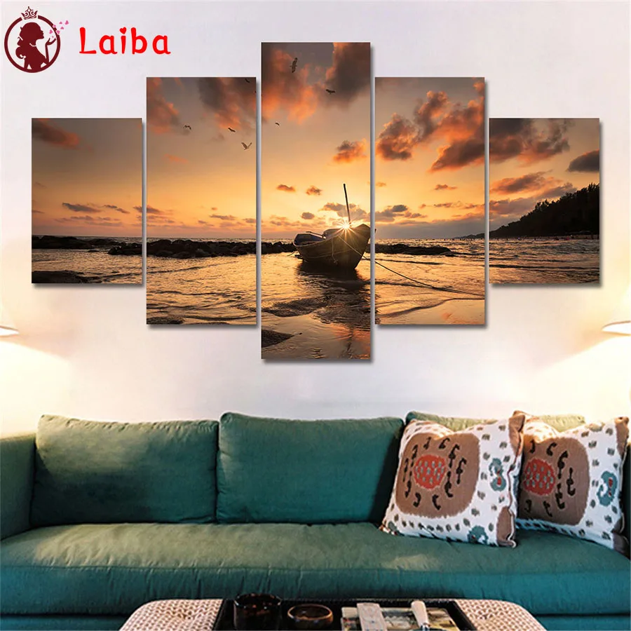 

DIY Diamond Mosaic Painting, Sunset Seascape, Boat Diamond, Full Drill, Square , Round Cross Stitch, Handmade Hobbyists, 5Pcs