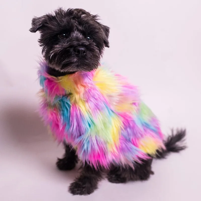 Luxury Dog Clothes for Small Dogs Jacket Coat Pet Clothing Polyester Winter Fluffy Rainbow Dogs Costume Clothes Accessories