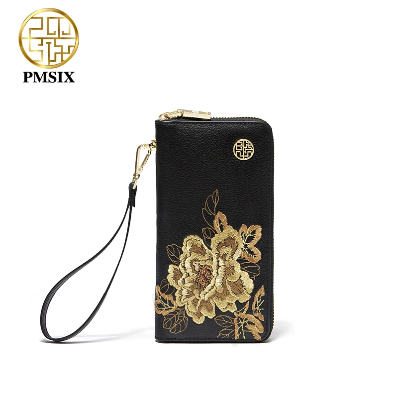 PMSIX Fashion Women Wallets Long Embroidery Genuine Leather Wallet Female Zipper Clutch Coin Purse Ladies Wristlet 2021