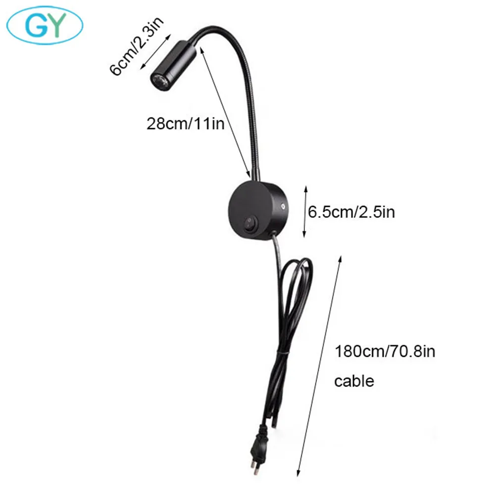Luz Led de pared con cuello de cisne, lámpara con cable Flexible de 3 vatios, candelabro, iluminación para dormitorio, lectura, baño, color blanco y
