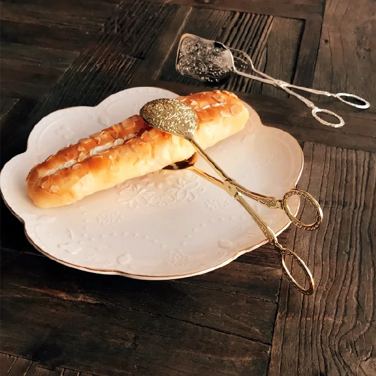 Vintage Retro Bread Steak  Food BBQ Salad Toast Gold Tongs Cake Pastry Tea Clips Clamp Kitchen Cooking Tool Buffet Kitchen 12cm