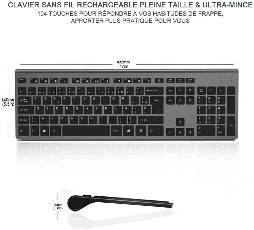 France layout Wireless Keyboard and Mouse Combo - Full Size Slim Thin with Numeric AZERTYU Keypad with With Built-in Battery