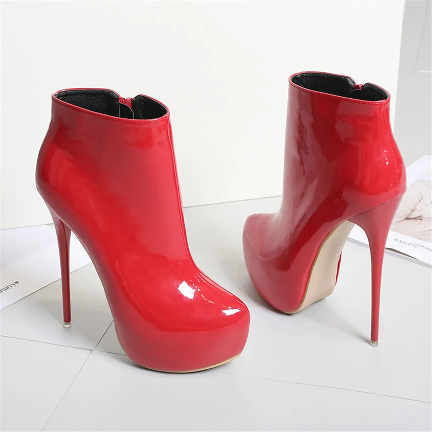 Big Size 35-47 Patent Leather Women Boots Round Toe Side Zipper Super High Heels 16CM Pumps 2024 Sexy Platform Party Shoes Woman