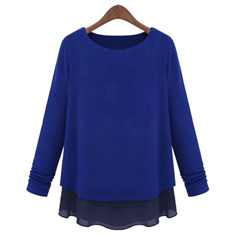 

Women Blouse Long Sleeves Loose Fat Big Size Blusa Feminina Tops Cotton Splice Chiffon Fake Two Piece Shirt