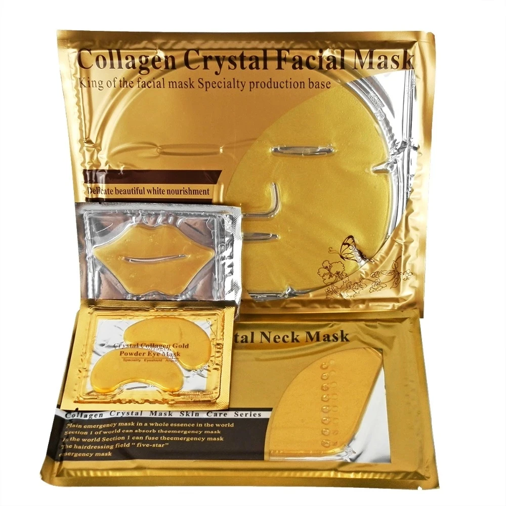 

4Pcs Gold Crystal Collagen Gel Eye Patch + Facial Mask + Plump Lip Mask + Anti-Wrinkle Neck Mask Moisturizing Skin Care Mask KIT