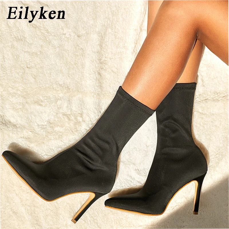 Eilyken Sexy Autumn Winter Fashion Stretch Fabric Ankle Boots Women Pointed Toe Socks Bootie High Heels Ladies Shoes
