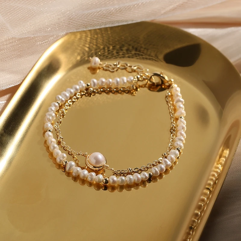 best seller bridalNew design fashion double rows natural white real pearls jewelry women gold bracelet with 5cm extension