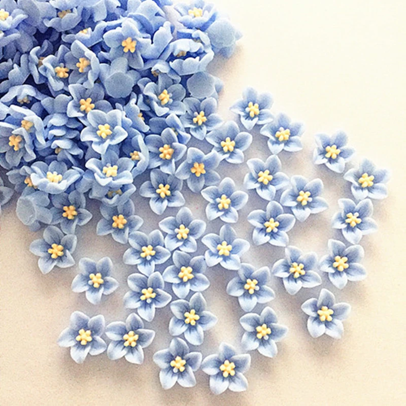 100 Stück 14 mm blaue Harzblumen, Dekoration, Bastelbedarf, Flatback-Cabochon für Scrapbooking, DIY-Zubehör