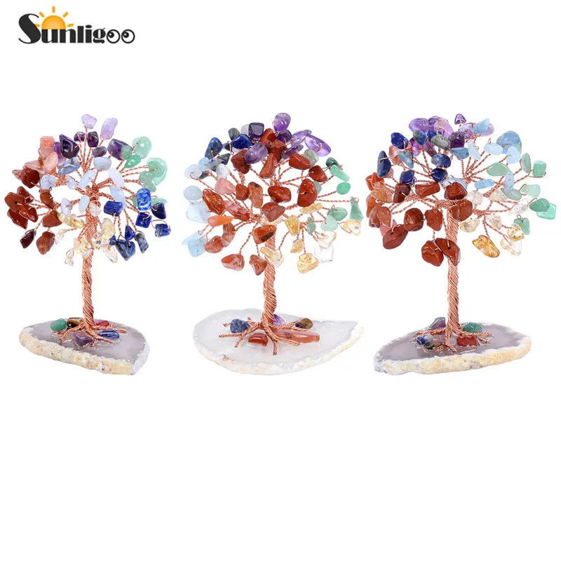 Sunligoo Super Mini Crystal Money Tree Copper Wire Wrapped W/ Agate Slice Base Healing Gemstone Yoga Feng Shui Trees Home Decor