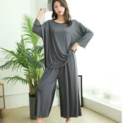 Pijama holgado de manga larga para mujer, traje de Casa de talla grande, conjunto de dos piezas, pantalones de pierna ancha de nueve puntos, ropa de dormir para otoño