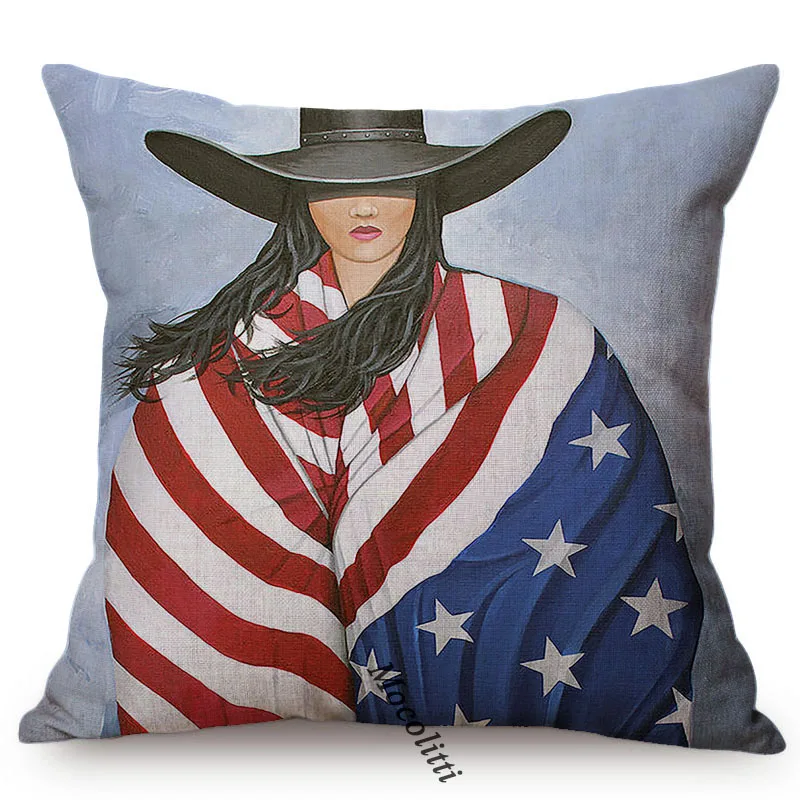 Colorful Ink Sketch Fashion Cowgirl Sexy Girl Lady Portrait Sofa Decoration Pillow Case Luxury Cotton Linen Square Cushion Cover