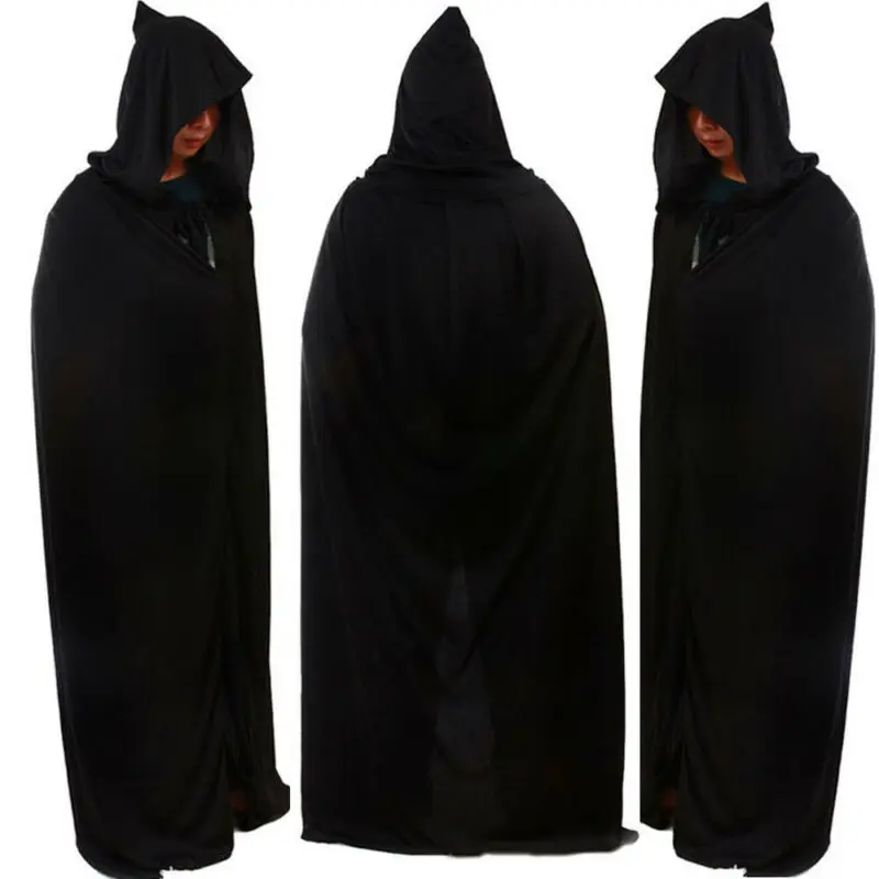 Jubah Bertudung Longgar Halloween Jubah Panjang Uniseks Pria Wanita Dewasa Gaun Kostum Hitam Hadiah Mantel