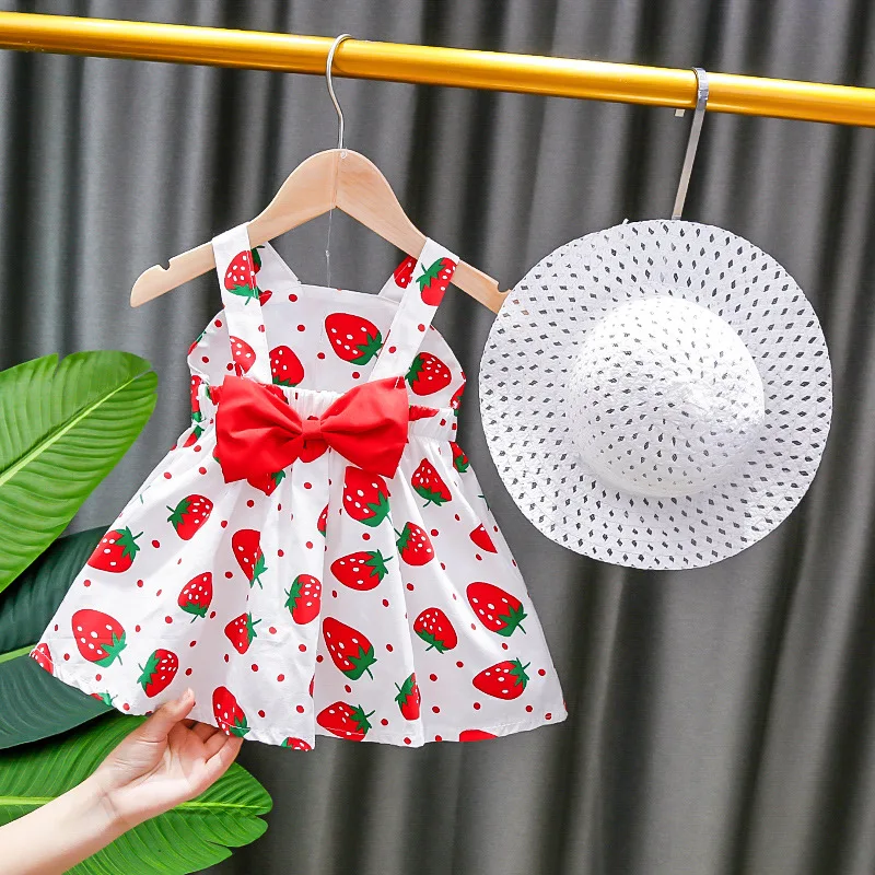 

Cute Strawberry Print Summer Baby Girl Dress With Hat 2pcs Baby Clothes Set Big Bow Newborn Infant Toddler Princess Party Dress