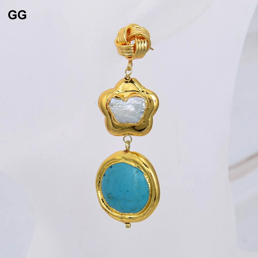 GuaiGuai Jewelry Cultured White Keshi Pearl Flower Blue Turquoises Coin Gold Color Plated Dangle Hook Earrings For Women