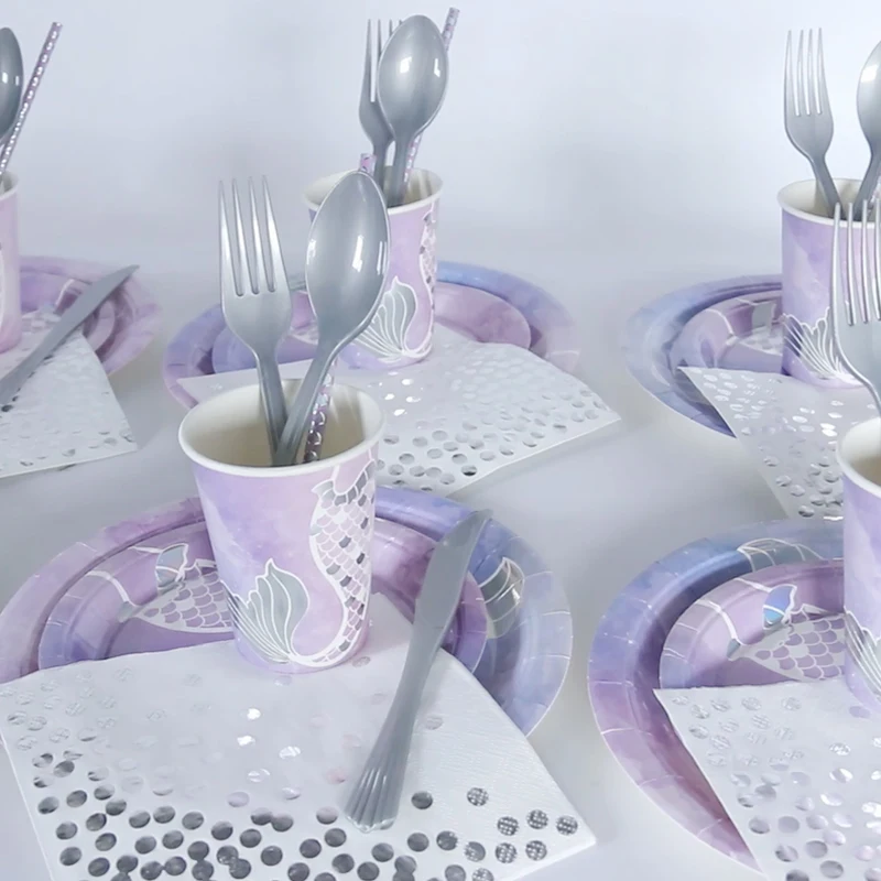 Mermaid Birthday Party Tableware Set Environmental Paper Dinnerware Disposable Cups Plates Girls Baby Birthdays Parties Decor