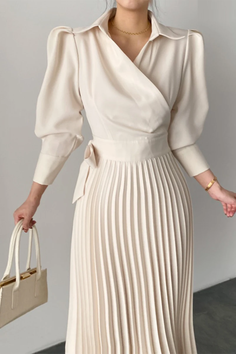 Long Sleeve High Waist Spring Luxury Autumn 2022 Woman Pleated Dress Female A-Line Party Elegant Vintage Maxi Dresses for Women