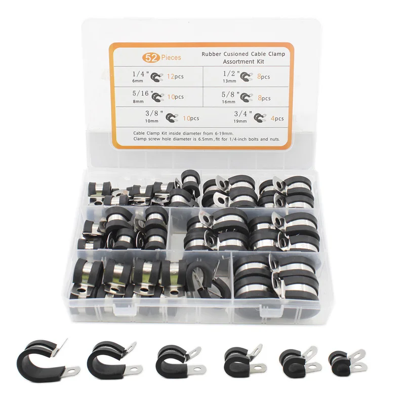 

52 PCS Cable Clamp Kit, 6 Size Rubber Cushioned Insulated Clamp, Pipe Clamp,Tube Clamp,Pipe Hoop,Pipe or Wire Cord Installation