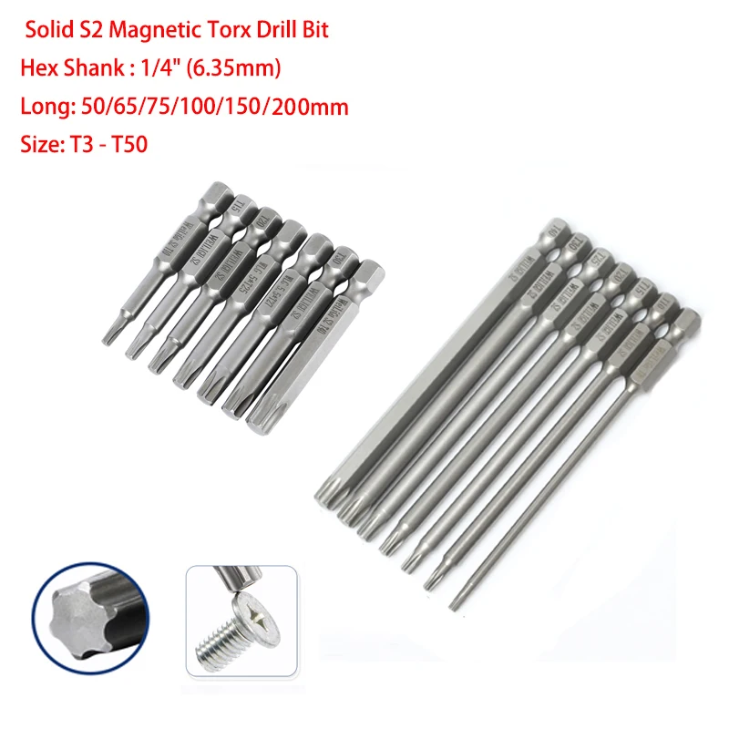1個ソリッド1/4 "六角S2磁気50/65/75/100/150/200ミリメートルトルクスドリルビット改ざんドライバーT3-T50ドライバーツール