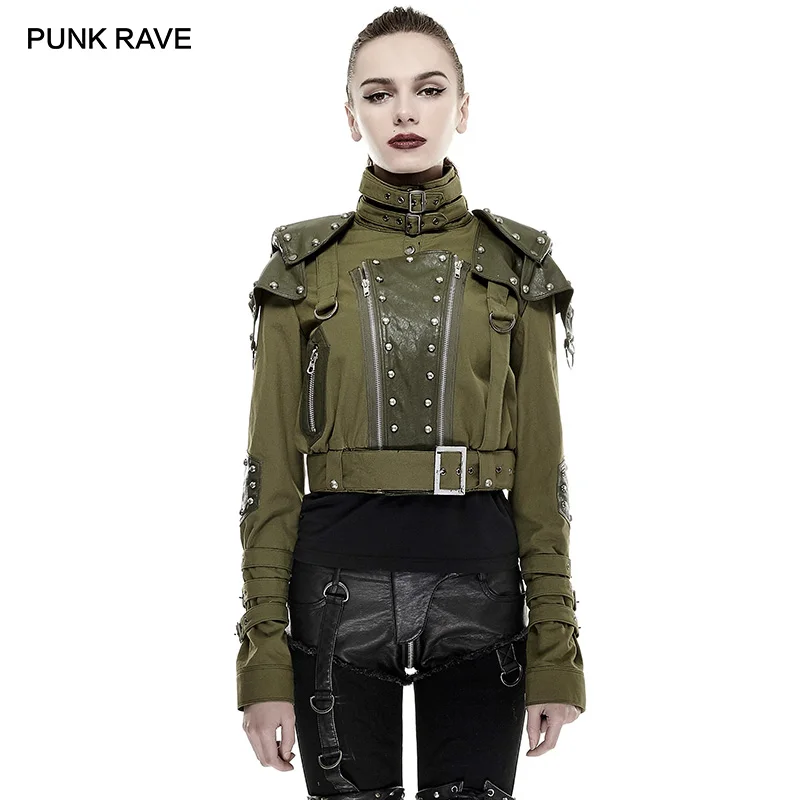 

PUNK RAVE Women's Punk Shoulder Pads Nailing Handsome Military Uniform Coat Armor Stage Performance Jacket