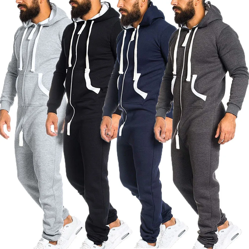 Plus Size Men One-piece Garment Pajama Playsuit Zipper Hoodie Male Onesie Solid Color Jumpsuit Streetwear Overalls