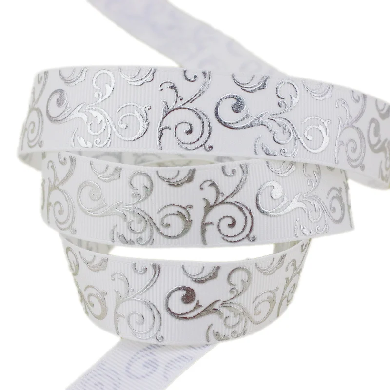 (10 yards/lot) 25mm White Silver Hot stamping grosgrain ribbon gift wedding ribbons