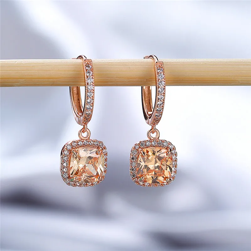 Dainty Female Rainbow Crystal Drop Earrings Rose Gold Silver Color Hoop Earrings Charm Bridal Square Wedding Earrings For Women