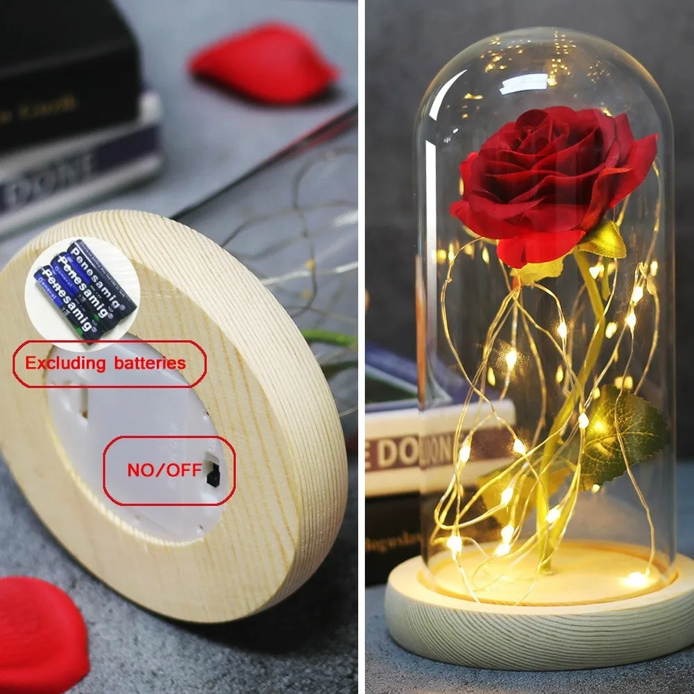 Rosa eterna Artificial Led, cubierta de cristal de La Bella y La Bestia, decoración del hogar de Navidad, regalo de Año Nuevo del Día de San Valentín de la madre