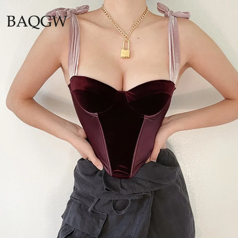 Streetwear Velour Tank Top Padded Underwire Bow Lace Up Vintage Summer Bustier Cropped Tops Women Sexy Backless Corset Party Top