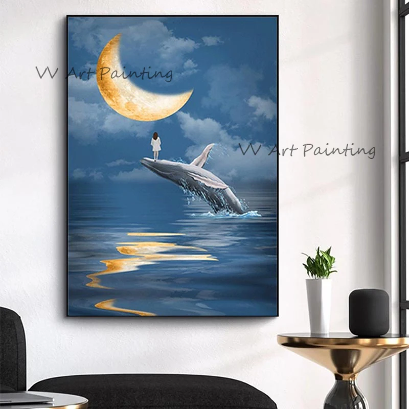 

100% Handmade Animal Abstract Oil Painting Modern Art Sea View Picture For Living Room Modern Cuadros Canvas Artwork Girl Whale