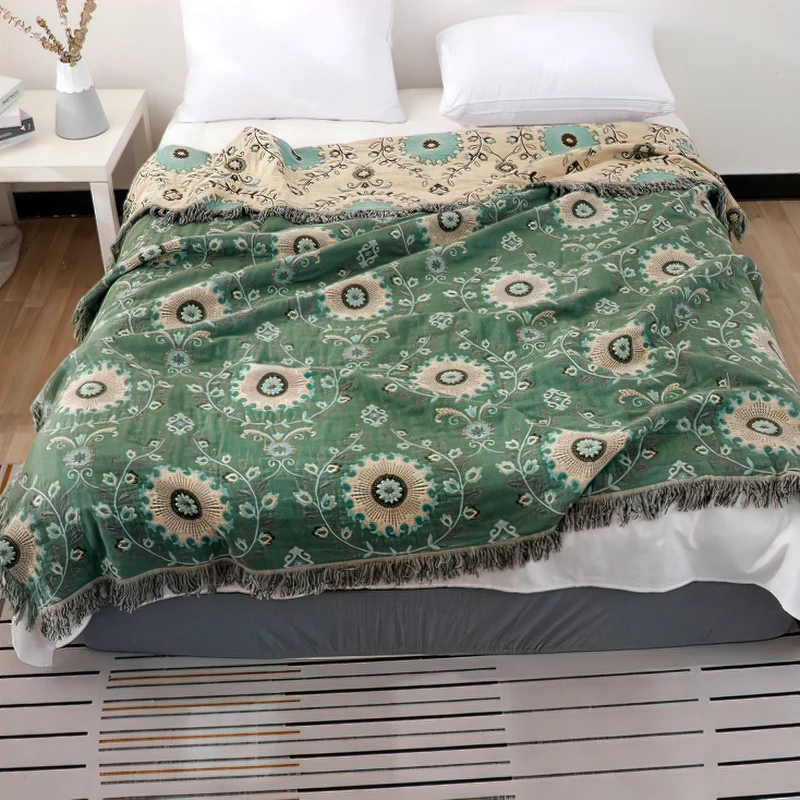 100% Cotton Printed Bohemian Blanket Bedspread For Bed Green Muslin Large Soft  Summer  Blanket Throw Cover For Sofa тонкое одея