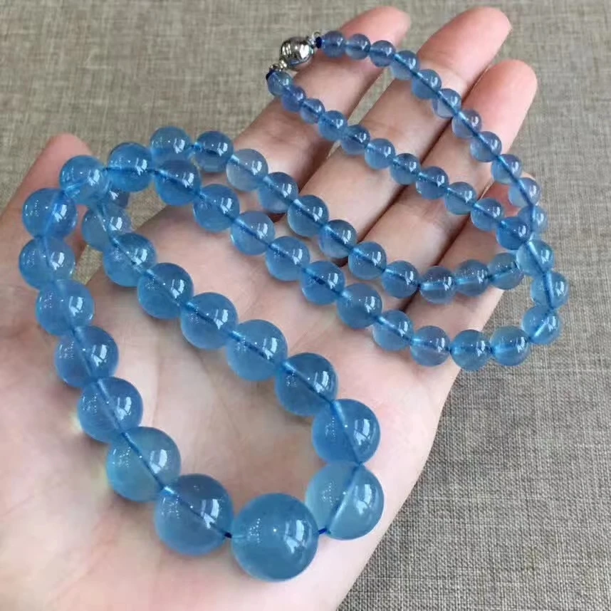 

Natural Blue Aquamarine Round Beads Necklace Pendant Women Men 5.6-14.7mm Charms Crystal Woman Healing Stone AAAAAA