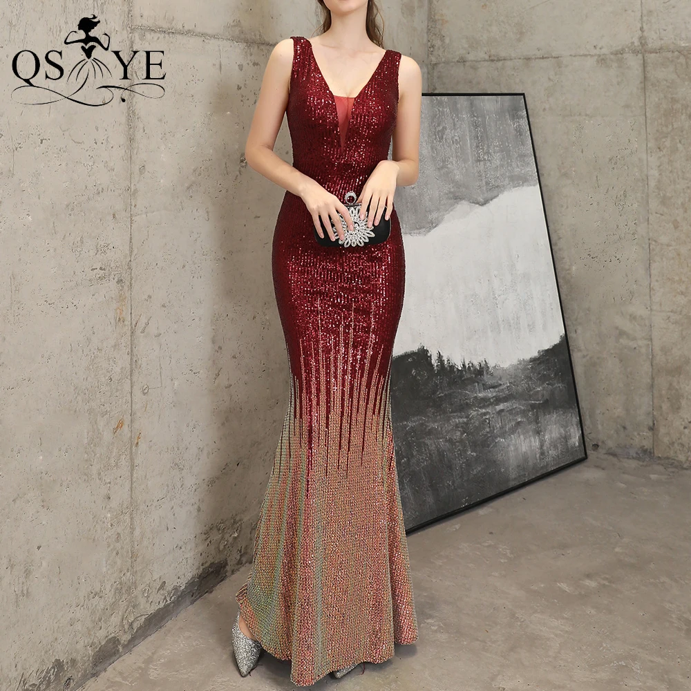 

Fading Deep Red Prom Dress Sequin V Neck Evening Gown Sleeveless Girl Party Dress Triangle Sheer Red Gold Women Formal Gown