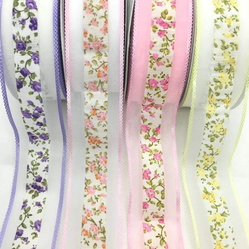 Spring Flowers Embossed Organza Ribbon 3.8cm 5Y For Gift Floral Packing Scrapbook Handwork Craft Christmas Easter Wedding Deco