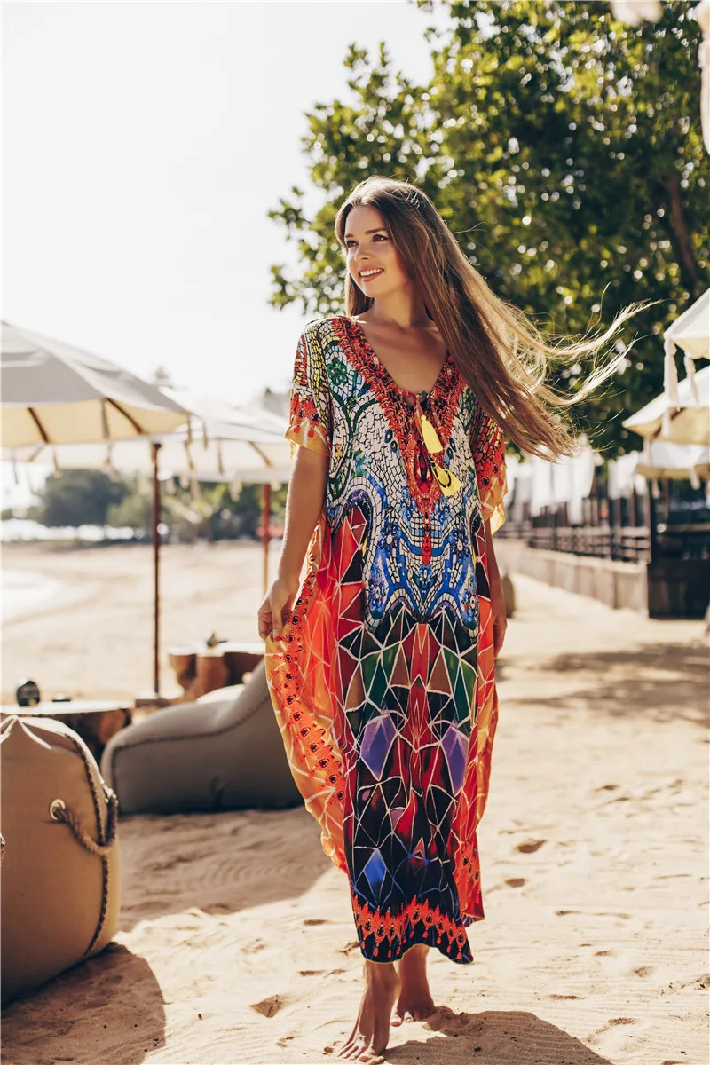 

Bohemian Kaftan Beach Tunic Cotton Beach Dress Saida De Praia Swimsuit Women Bikini Cover Up Pareo Sarong Beachwear