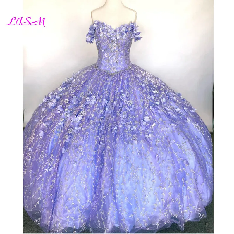 Vestido De 15 Anos Lila Quinceanera Kleider mit Mantel Spitze Applqiued Korsett Süße 16 Kleid Luxus 3D Blumen Prom Kleid