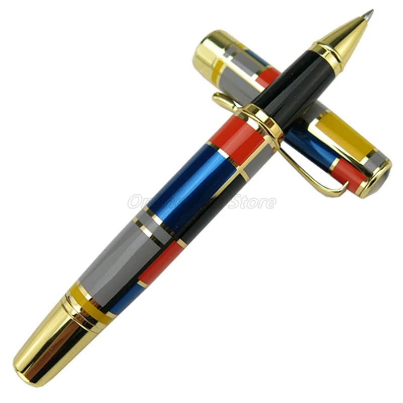 Hero 767 Art Red Blue Yellow Squares Refillable Roller Ball Ballpoint Pen Gold Trim Professional Office Stationery Writing Gift