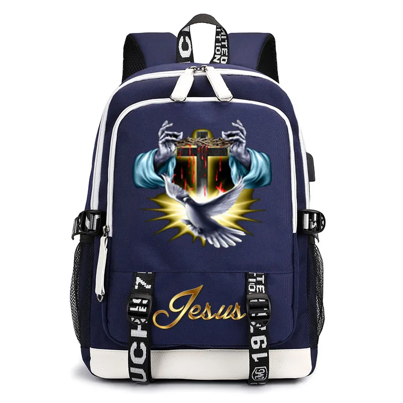 Mochila USB de dibujos animados de Jesús para niño y niña, bolso escolar de viaje para notebook para hombre y mujer